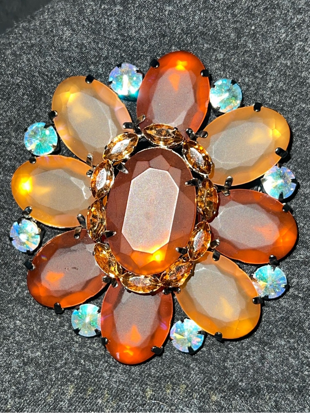 Vintage Bold Matte Amber Rhinestone Floral Flower Gunmetal Silver Brooch